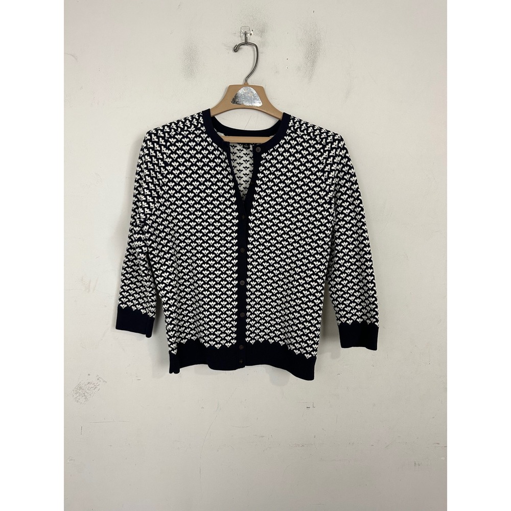 Ann Taylor Womens Navy White Geometric Knit Cardigan 3/4 Sleeve Size L